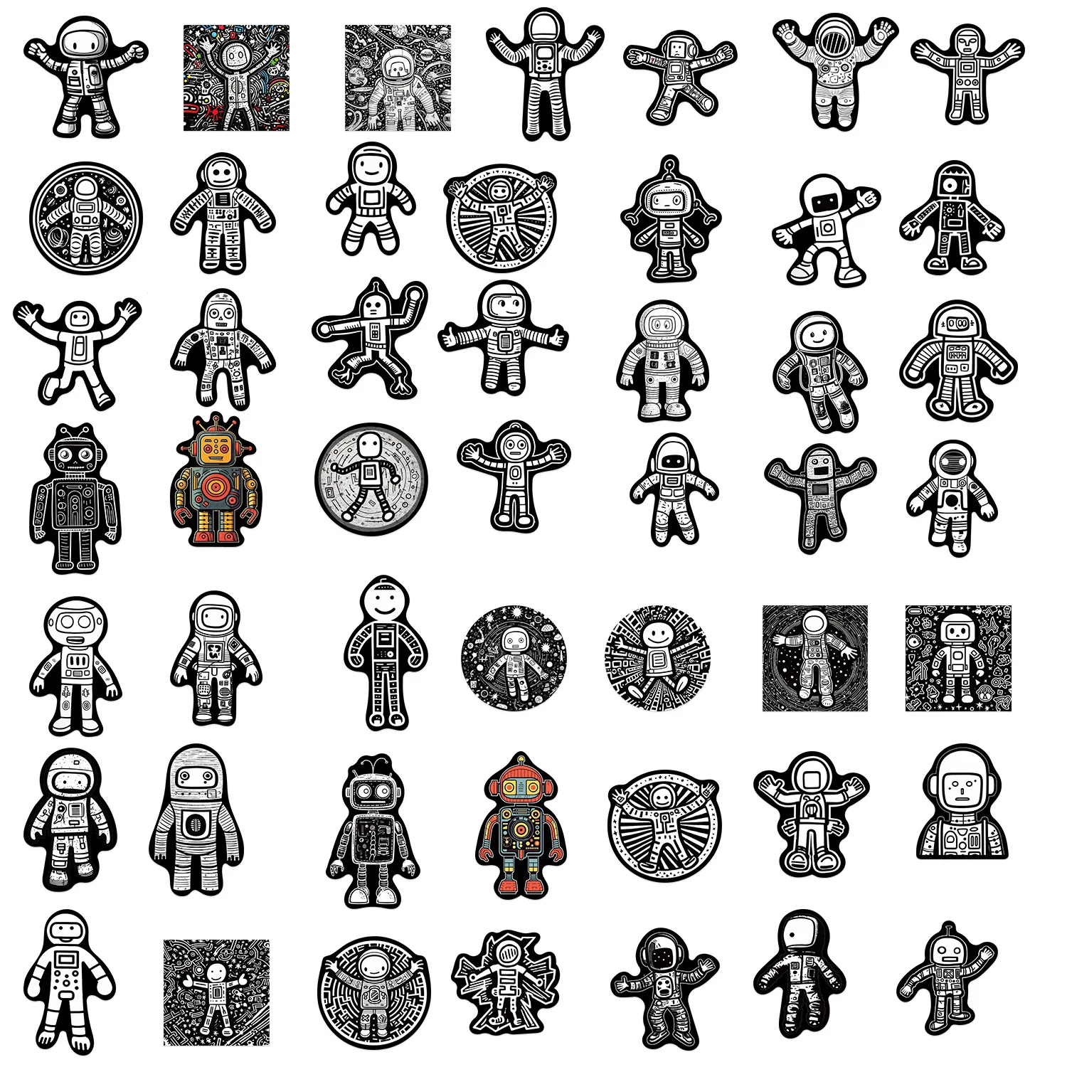 10/30/50PCS Cartoon Black and White Artistic Space Robot Stickers DIY Travel Luggage Fridge Laptop Graffiti Sticker Kids Decals