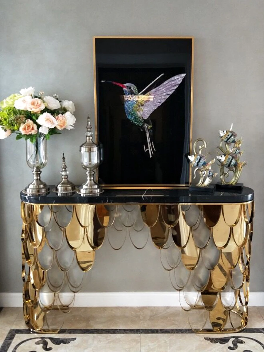 

Simple modern living room art end view table marble shaped wall entry light luxury stainless steel fish scale porch table