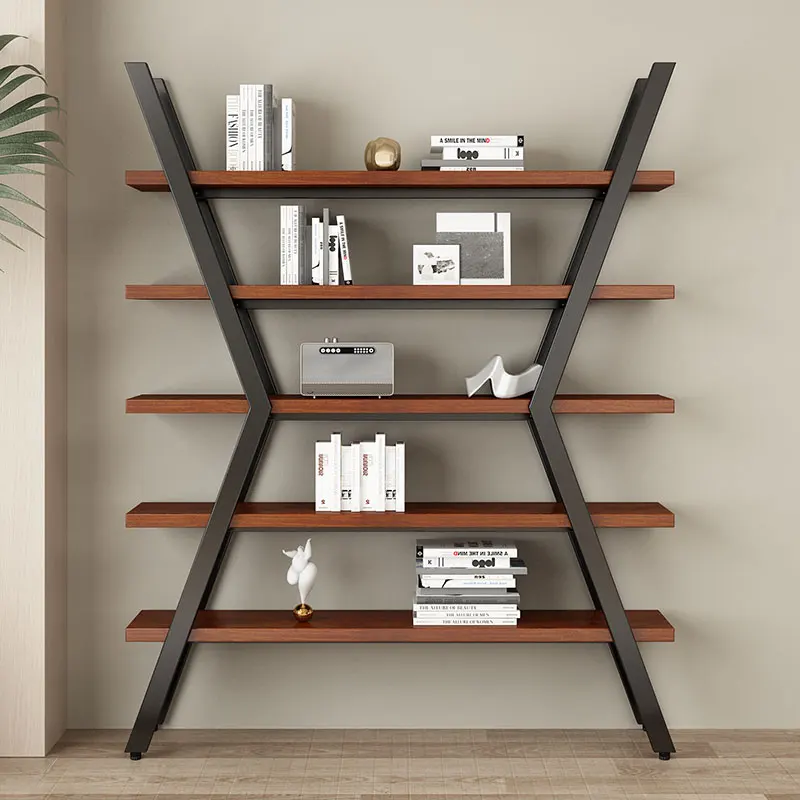 

Nordic style solid wood bookshelf creative storage rack, living room wrought iron multi-layer shelf, study bookcase against the