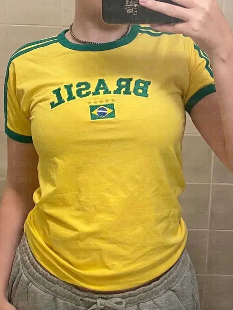 Estate Y2K vestiti estetica lettera delle donne ricamo brasiliano Streetwear t-shirt manica corta Harajuku Splicing sports top