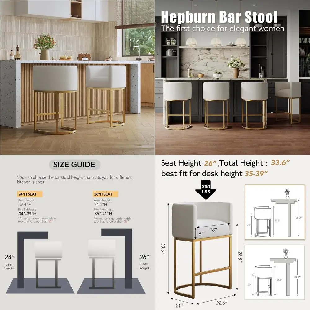 Elegant Linen-Covered Swivel Bar Stools, 26 High Kitchen Counter Stools with Metal Gold Frame