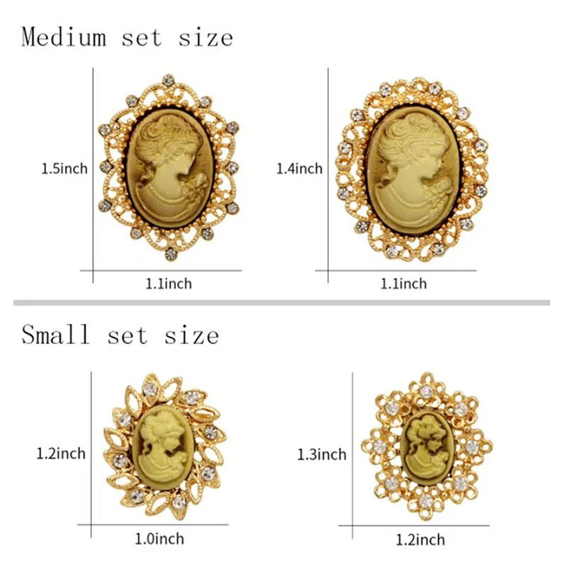 12 Pcs/Set Vintage Style Resin And Rhinestones Cameo Brooch Pins Crystal Rhinestones Beauty Head Brooch Set For Women