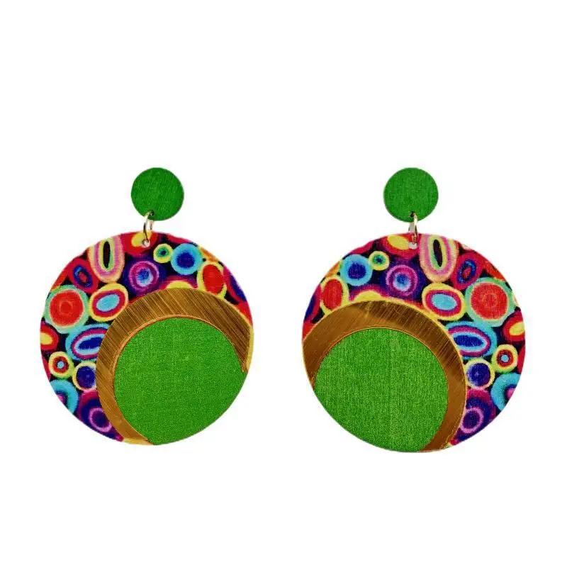 New Bohemian Earrings Wooden Color Contrast Printing Round Color Large Earrings Vintage Ethnic Style Ear Rings Gift Wholesale