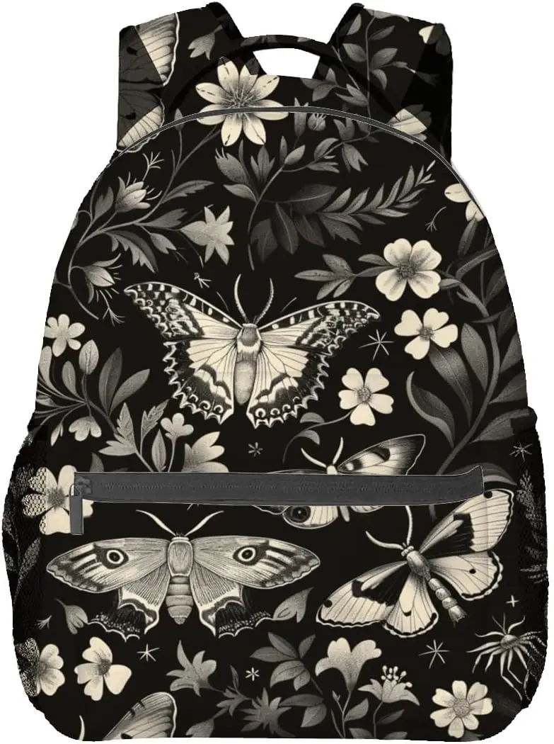 Vintage Moth Rucksack, Schwarz Weiß Gothic Floral Retro Polyester Rucksäcke, Leichter Doppel-Schulter-Rucksack für Frauen, Goth