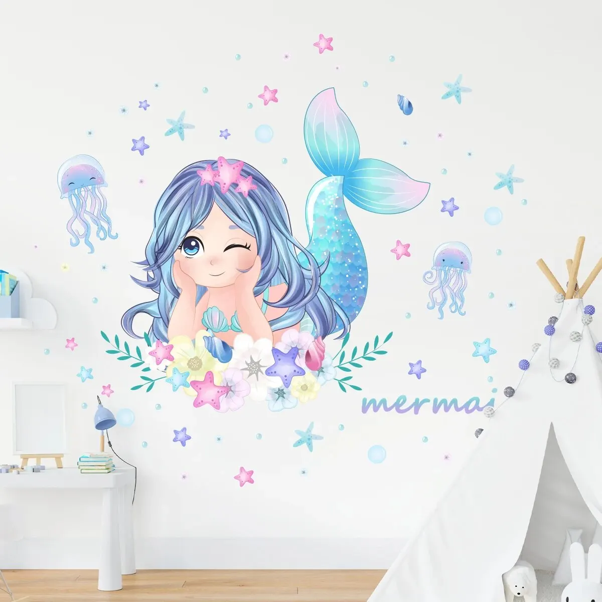 1Pc Cartoon Beautiful Mermaid Wall Stickers on The Wall Decoration for Bedroom Wallpaper Kids Room Living Room Decor for House