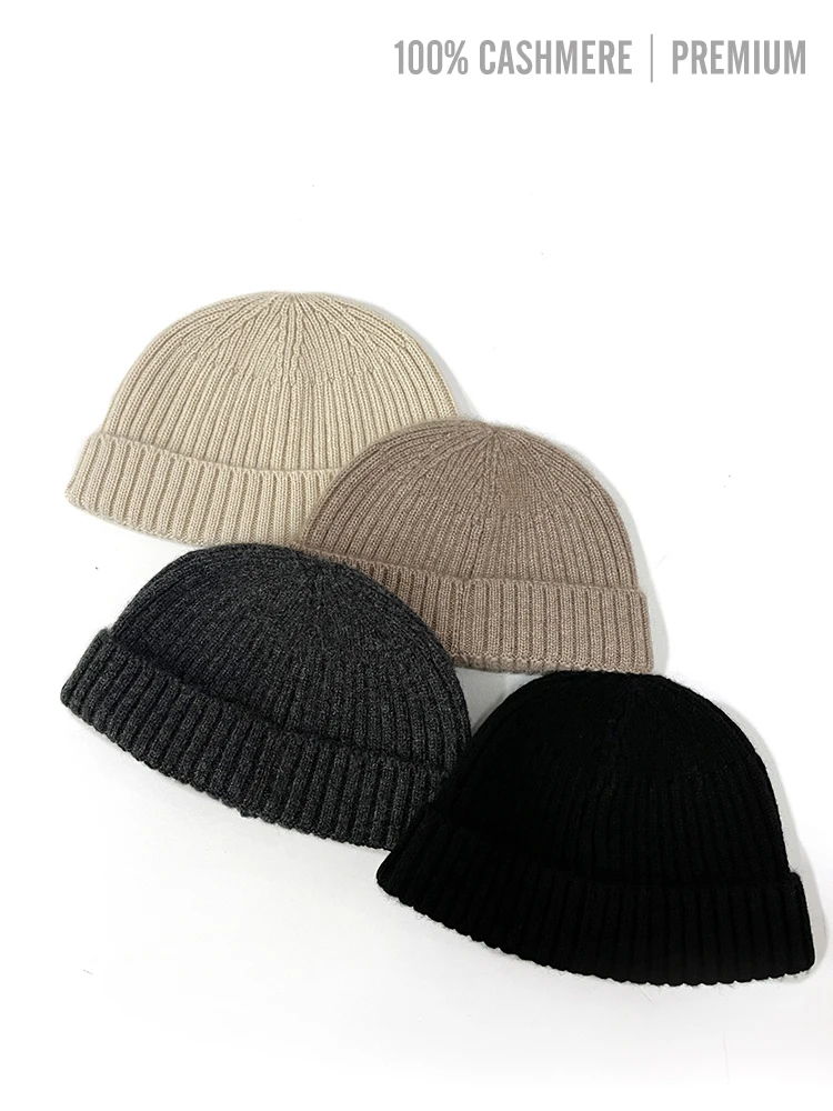 100% Cashmere Knitted Trawler Beanie Skullcap Watch Caps Men Simple Ribbed Fisherman Beanies Unisex Warm Dockers Hat