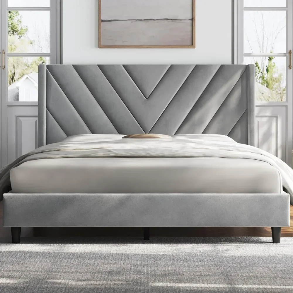 Queen Bed Frame Upholstered Platform Bed with Wing Side/Tufted Headboard with Wing Side/Mattress Foundation/No Box Spring Needed