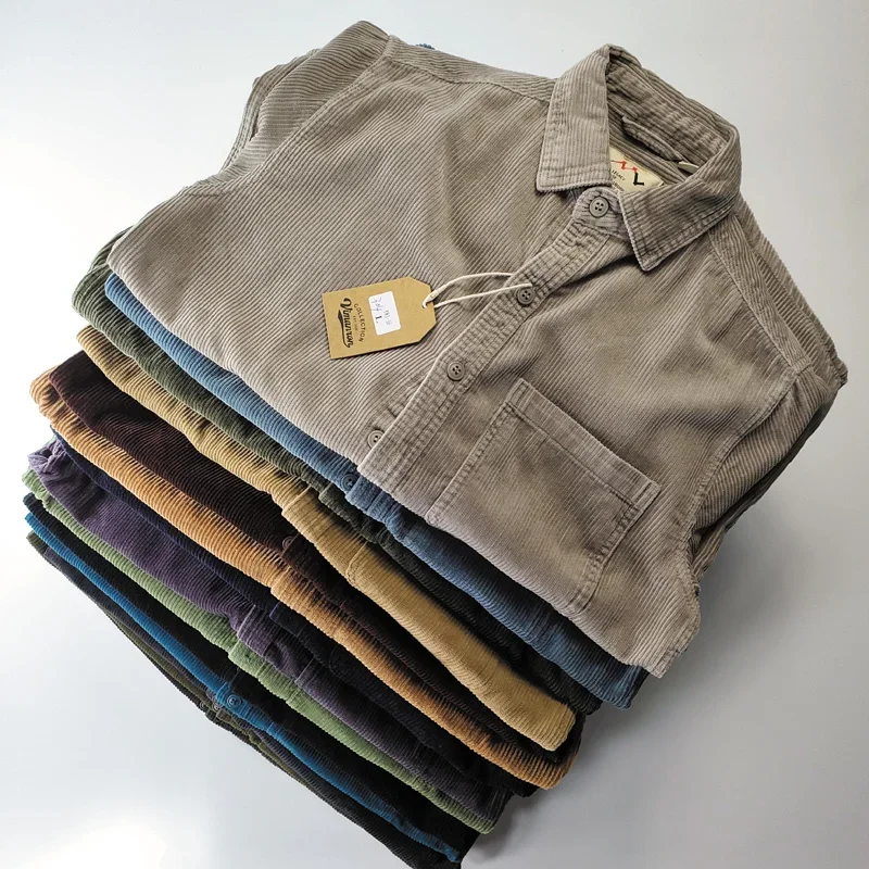 

Осень-зима 2022, новая вельветовая рубашка в американском стиле ретро с длинными рукавами и лацканами, мужские модные хлопковые потертые повседневные блузки с одним карманом