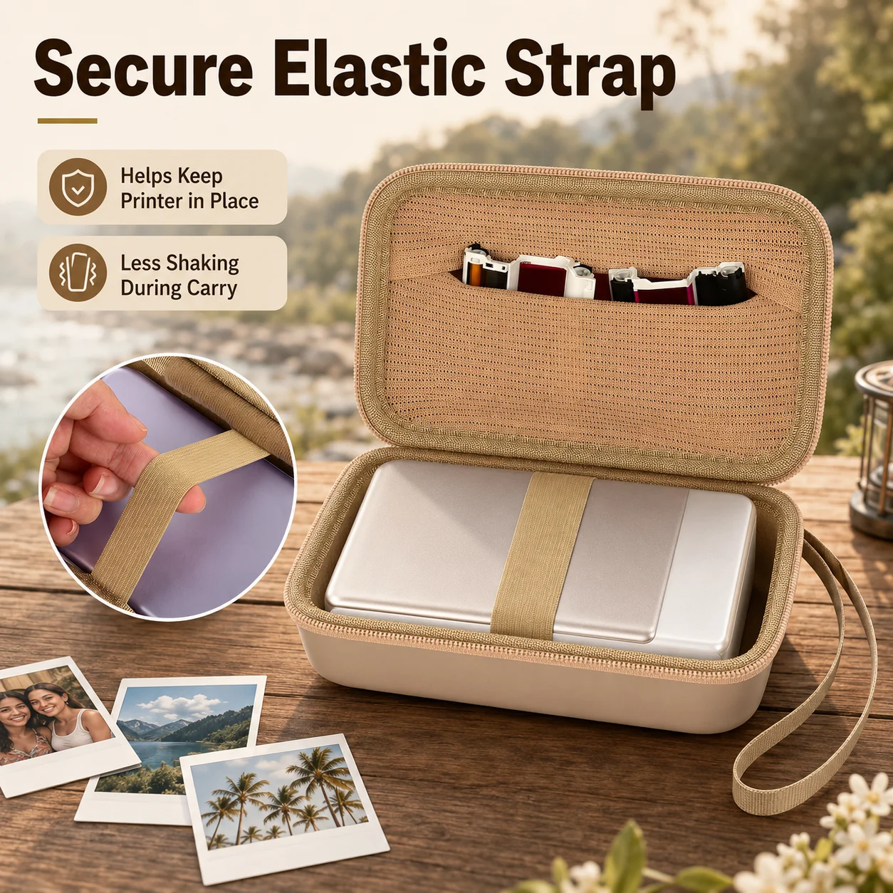 Photo Printer Case For Liene Pearl N200 Pro, Hard EVA Travel Storage Bag with Mesh Pocket, Elastic Straps, Case Only, Gold Color