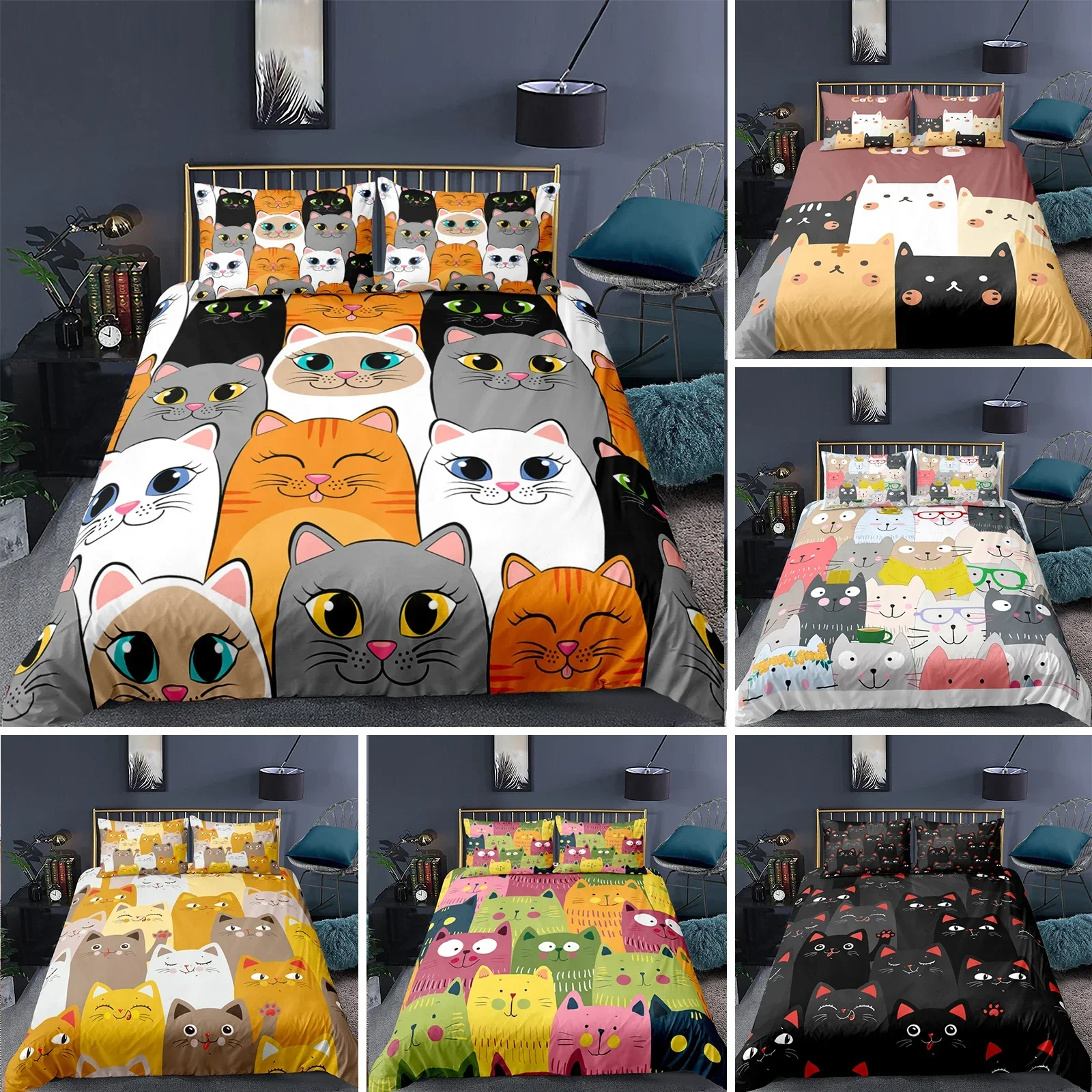 Cartoon Cat Duvet Cover Set Cartoon Animal Print Bedding Set With Pillowcase 2/3pcs Comforter Cover For Bedroom Decor