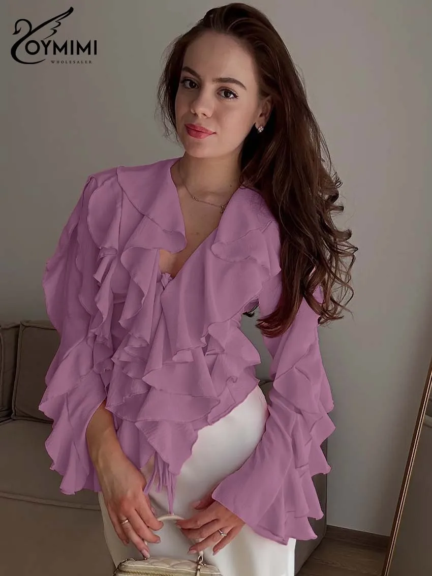 

Женская блузка Oymimi премиум-класса с V-образным вырезом, многослойными оборками и отделкой, весна 2026, с длинным рукавом, на завязках, из шифона, романтический образ