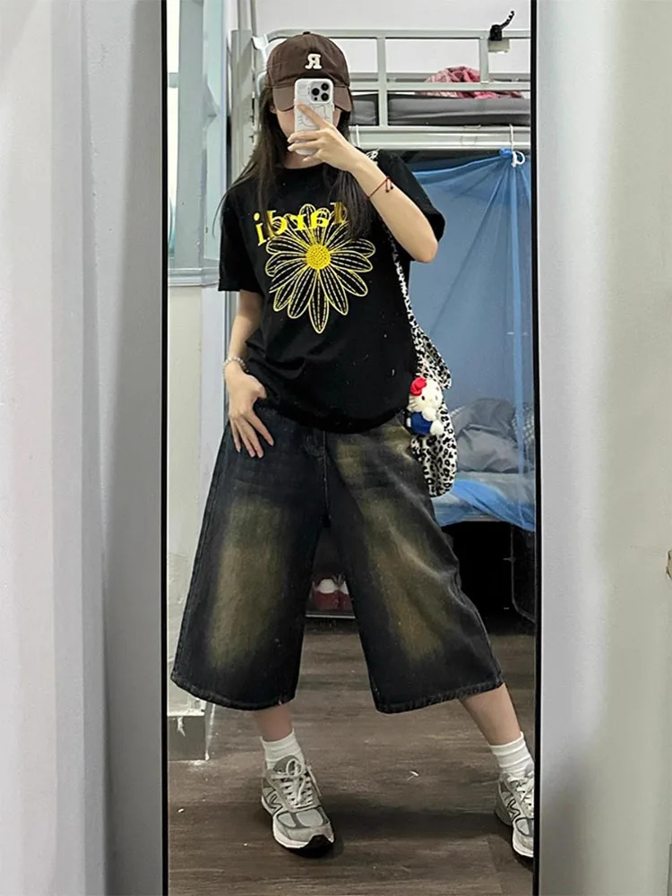 Taglie forti American Retro Denim orts Design autunnale da donna Gamba dritta Dimagrante Pantaloni a gamba larga di media lunghezza Casual Sle