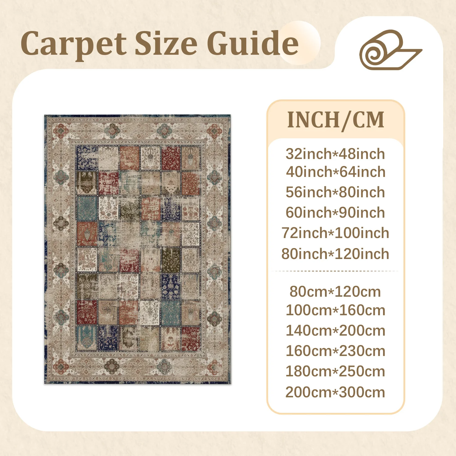 Large Indoor Area Rug, Soft Velvet Low Pile with Non-Slip Dotted Backing, Machine Washable Vintage Patchwork Floor Rug for Living Room, Bedroom, Neutral Multi-Color Distressed Oriental Style