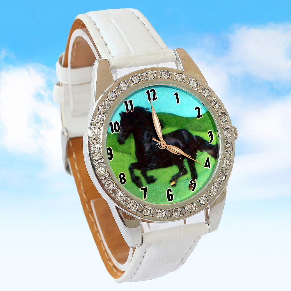 Fashion Kids Quartz Watch Leather Strap Boys Girls Cartoon Horse Dial Wristwatch for Children