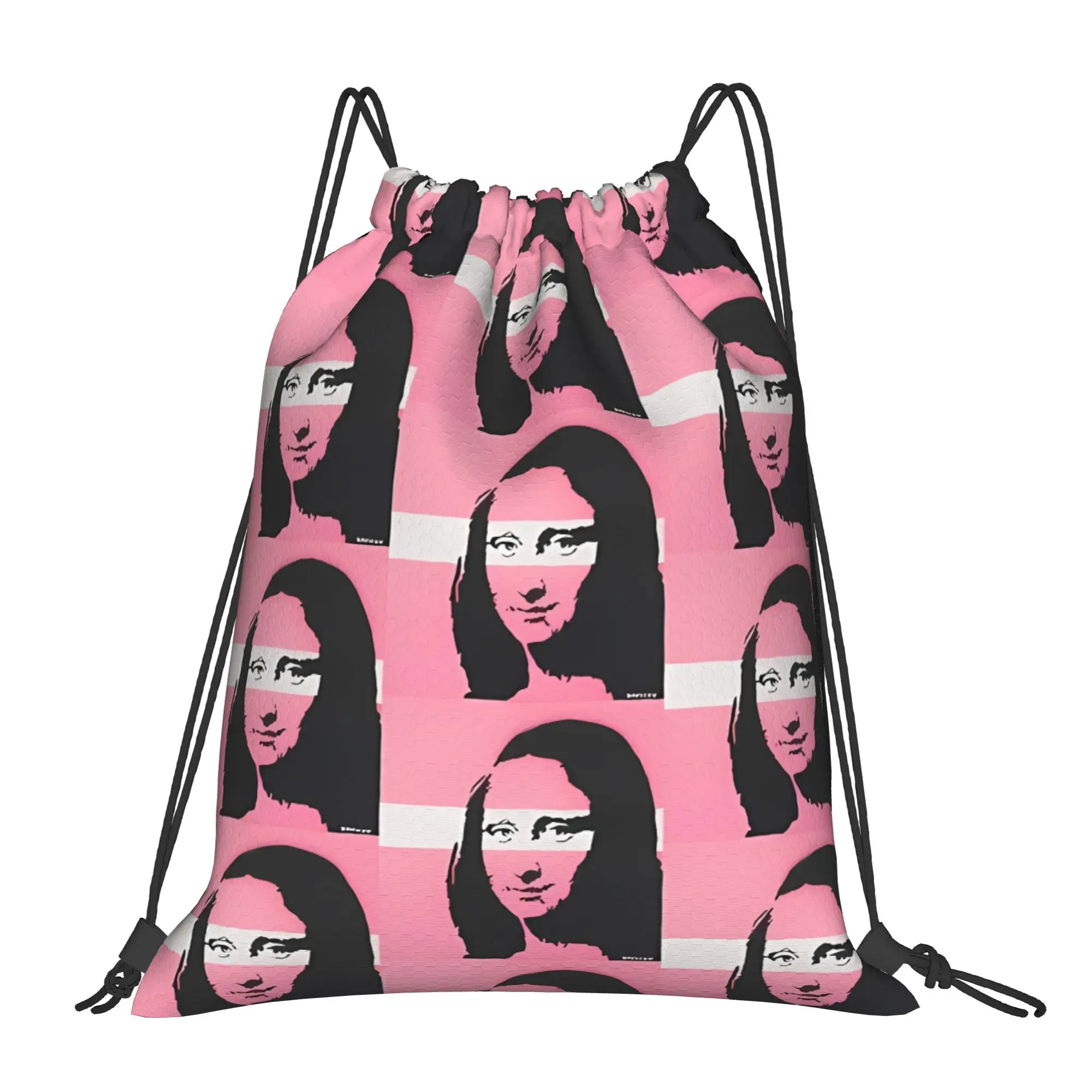 Y2K Banksy Mona Lisa Pink Graffiti Portable Hiking Riding Gym Drawstring cool gift Storage Backpacks