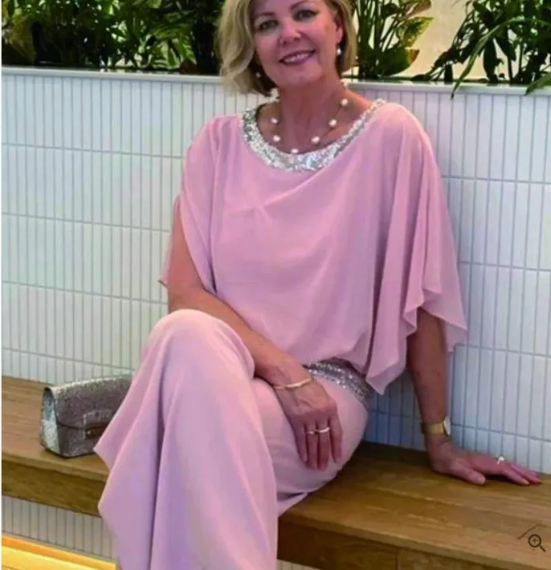 2024 Spring Chiffon Women Suit Elegant Pink Sequined O-neck Top Wide-leg Pants Set Female Summer Fashion Casual Lady 2 Piece Set