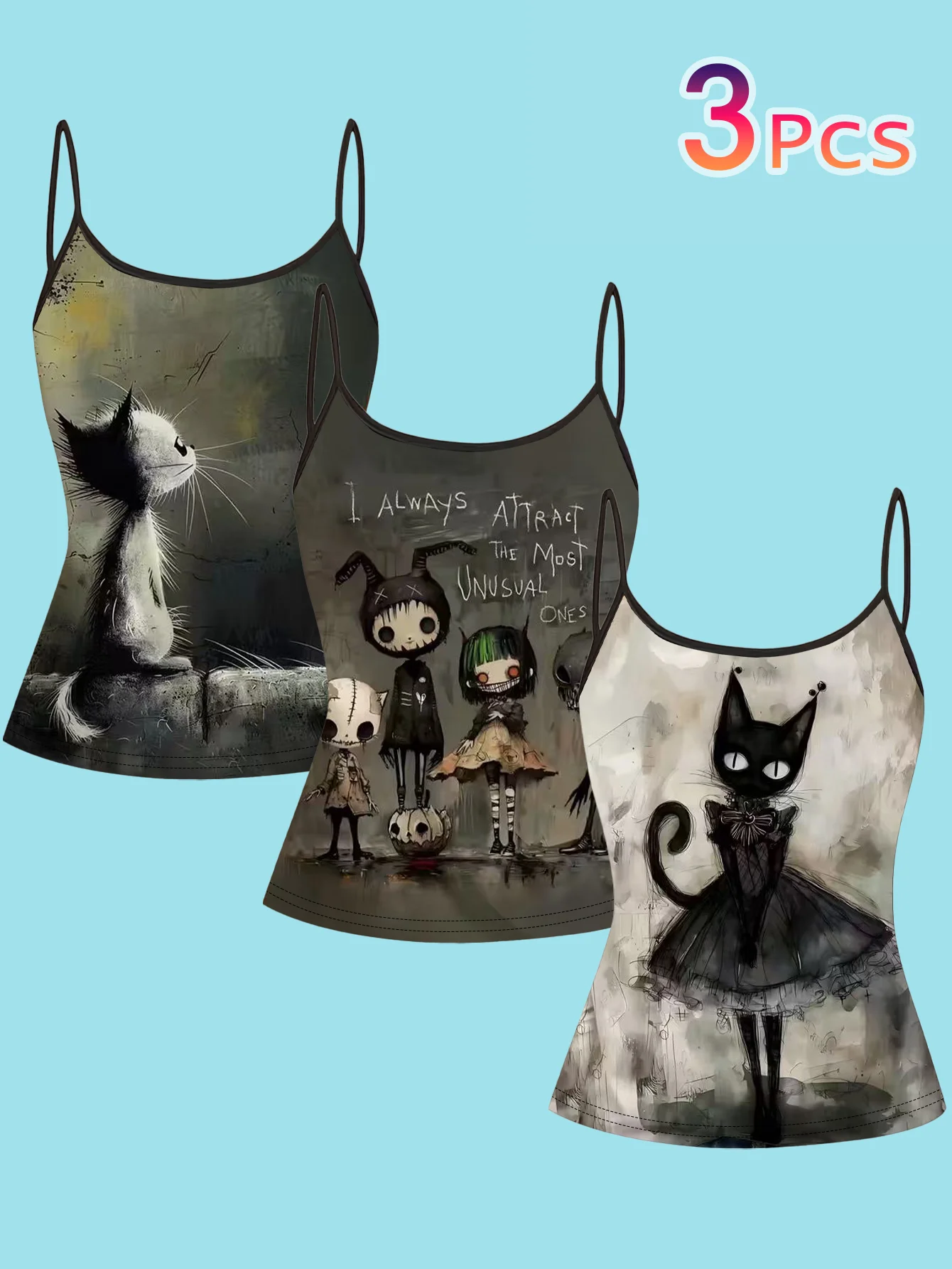 3-Pack Dark Cartoon Black Cat Print Camisole for Women, Subculture Style, Slim Fit Sleeveless Tank Top