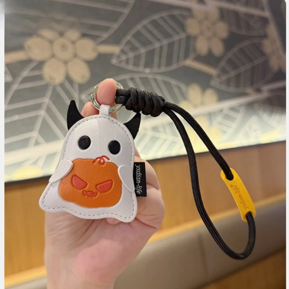 Halloween PU Leather Keychain Lanyard Cute Ghost Pumpkin Witch Hat Pendant Wrist Strap Key Ring Bag Charm Party Gift Decoration