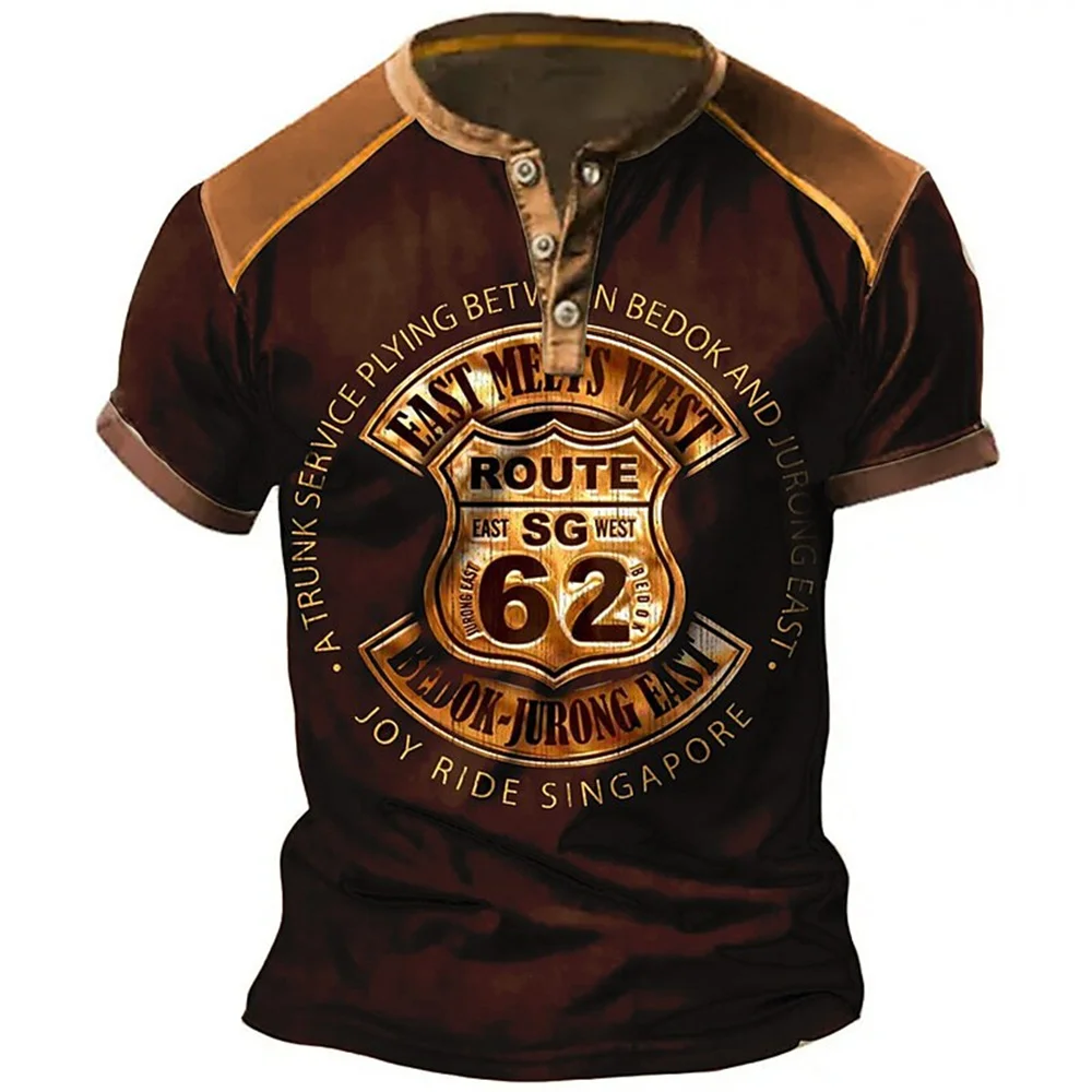 Fashion Men's Henley Shirts Funny 3D Highway 66 Print Tees Casual Button Short Sleeve Tops Summer Oversized Vintage Men Clothes