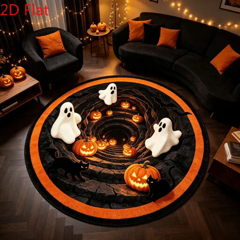 Non Slip Round Carpet Halloween Ghost and Pumpkin Print Rug Living Room Holiday Home Decor Floor Mat