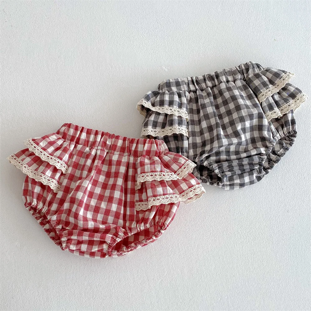 

Double Layer Girls Lace Bloomers Xmas Sweet Red/black Plaid Toddler Shorts Summer Casual Little Kids Skirt Shorts 0-3Y