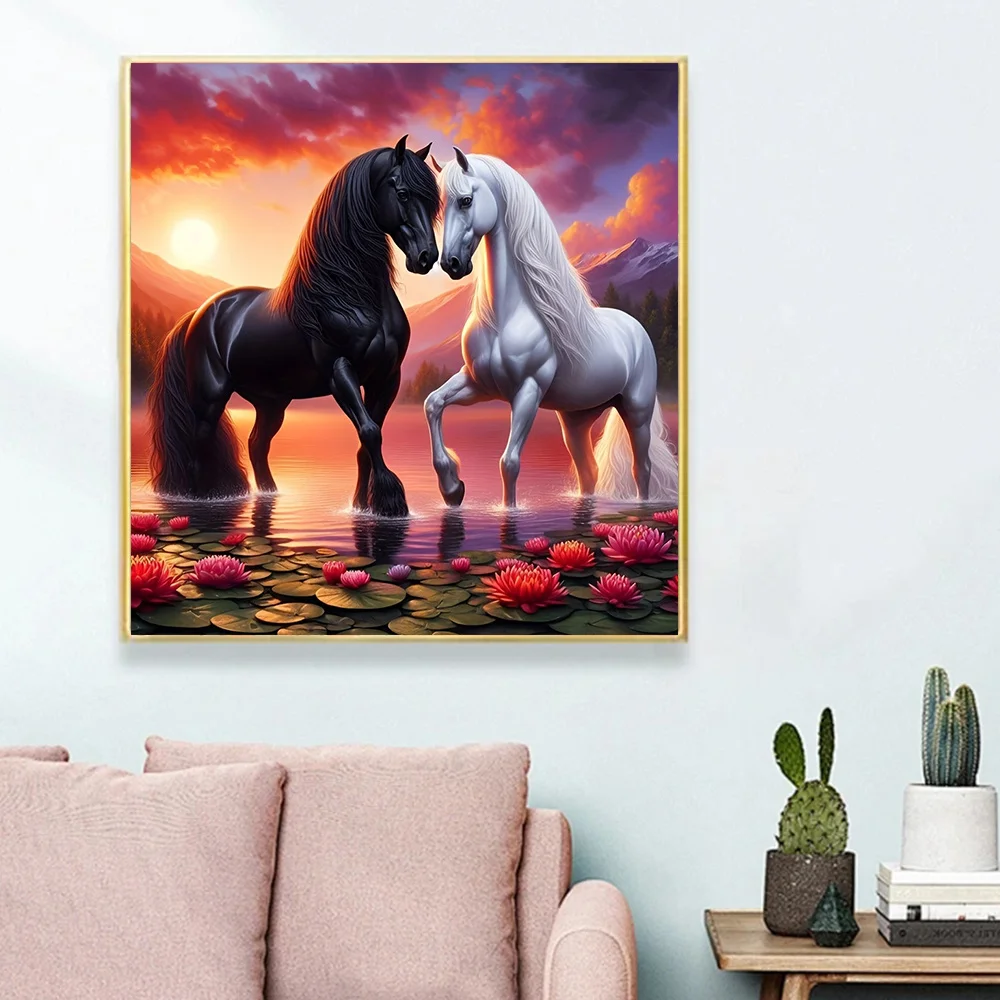 Huacan Full Diamond Painting Animal Horse Diy Drill Mosaic Flower 5d Embroidery Sunset Complete Kit Wall Decoration Gift