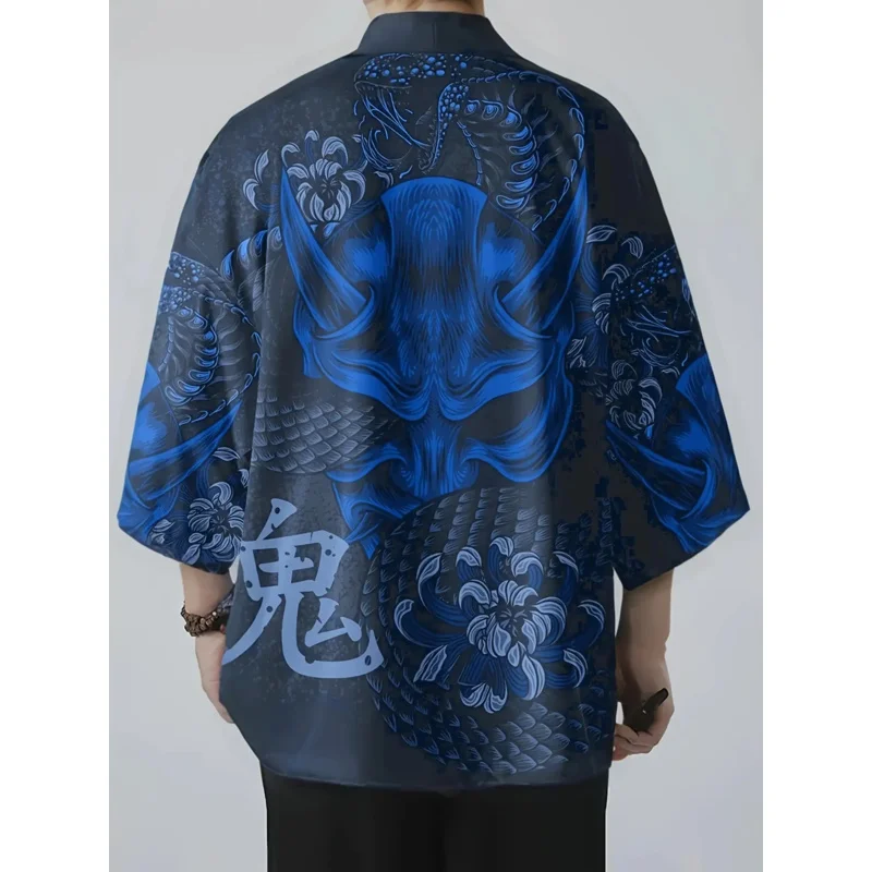 اليابانية التقليدية الساموراي كيمونو الرجال النساء أنيمي التنين مطبوعة الأخضر فضفاض سترة 3/4 كم Harajuku Haori تأثيري قميص