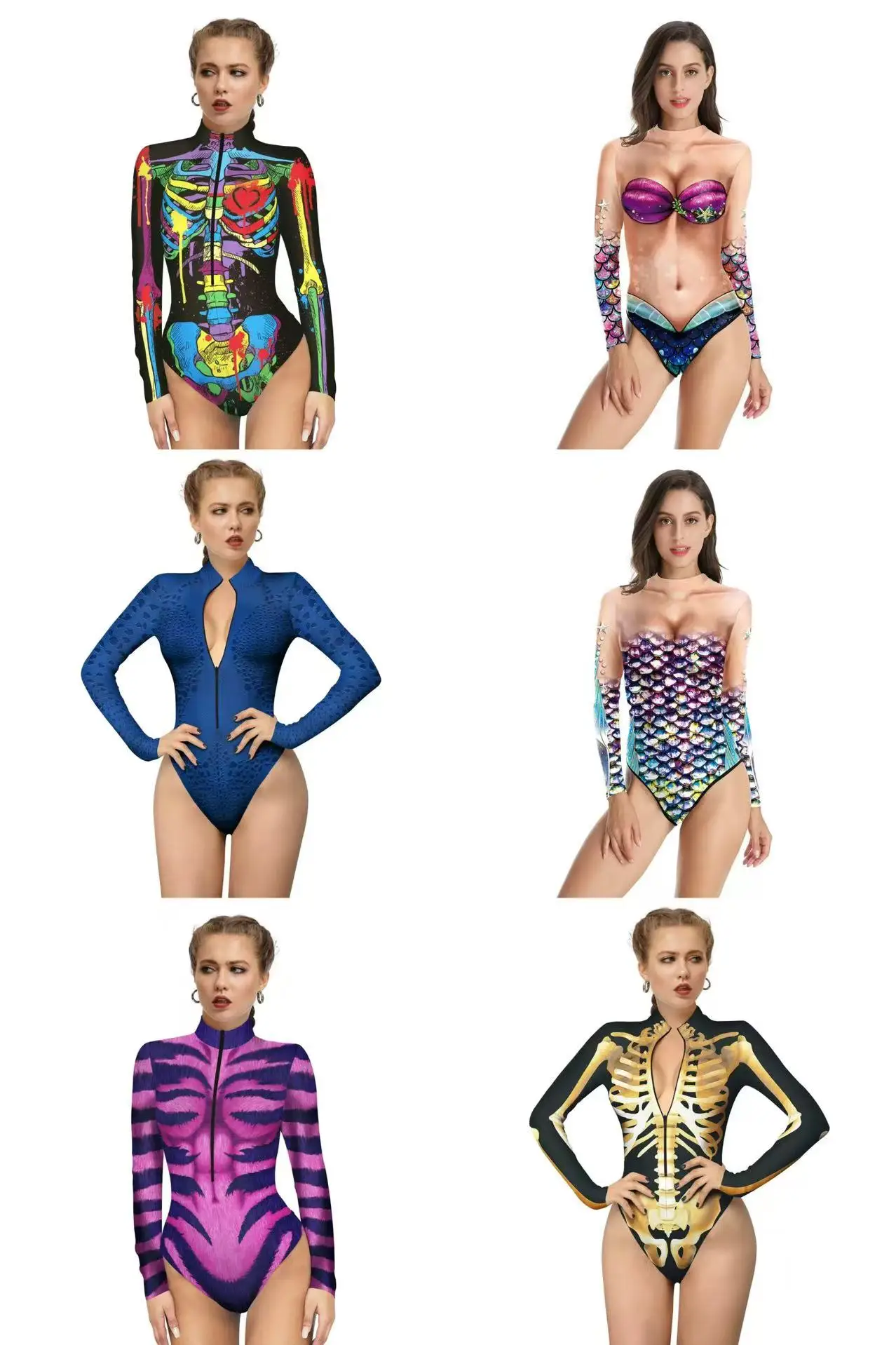 Women Mermaid Cosplay Costume 3d Digital Printing Ladies Long-sleeved Fish Scales Swimsuit Clown Skull Bodysuits Holiday Zentai