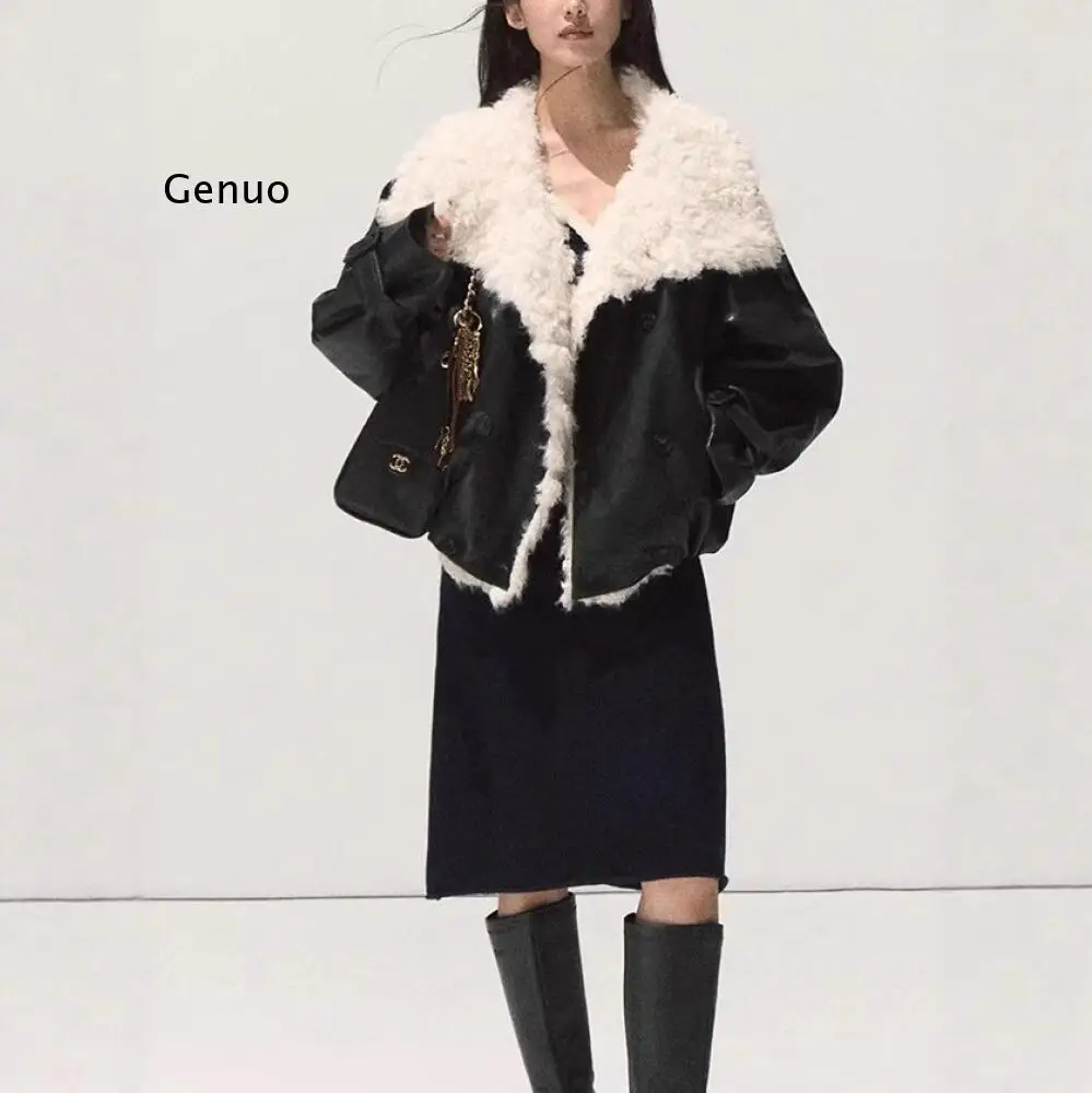 

Cozy Short Parka Coat for Women, Faux Plush Lamb Fur Lapel Collar, Winter Fashion Outerwear, Casual Jacket