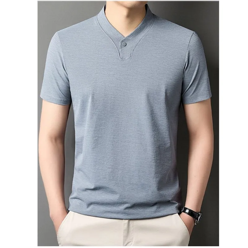

New Arrival Summer V-Neck Men Business T-Shirt High Quality Pure Cotton Breathable Solid Tops Men Tee Shirts Men Clothing D0288