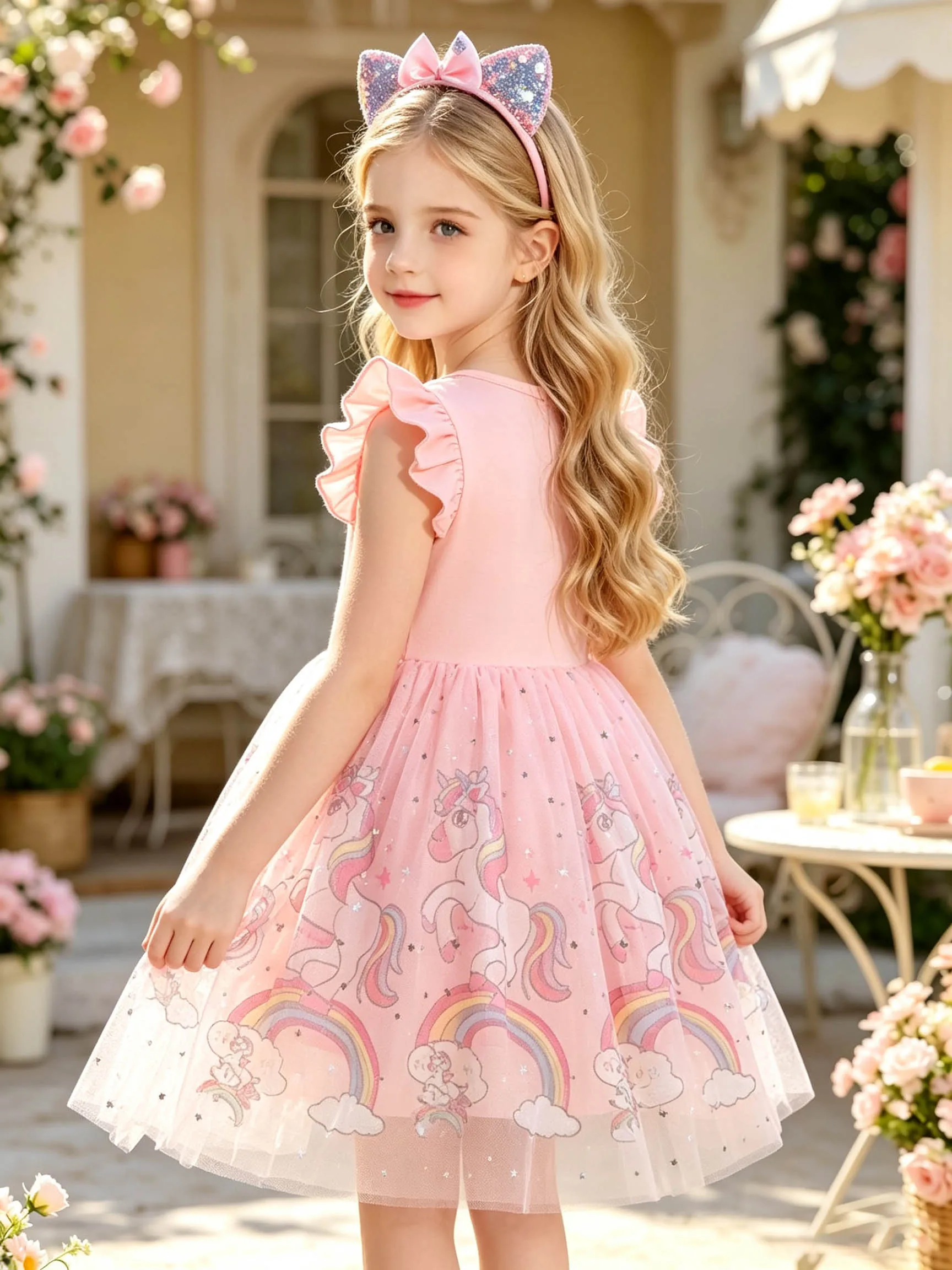 Pink Heart Unicorn Girls' Summer Dress, Ruffle Flutter Sleeve Sparkly Tulle Short-Sleeve Tutu Dress