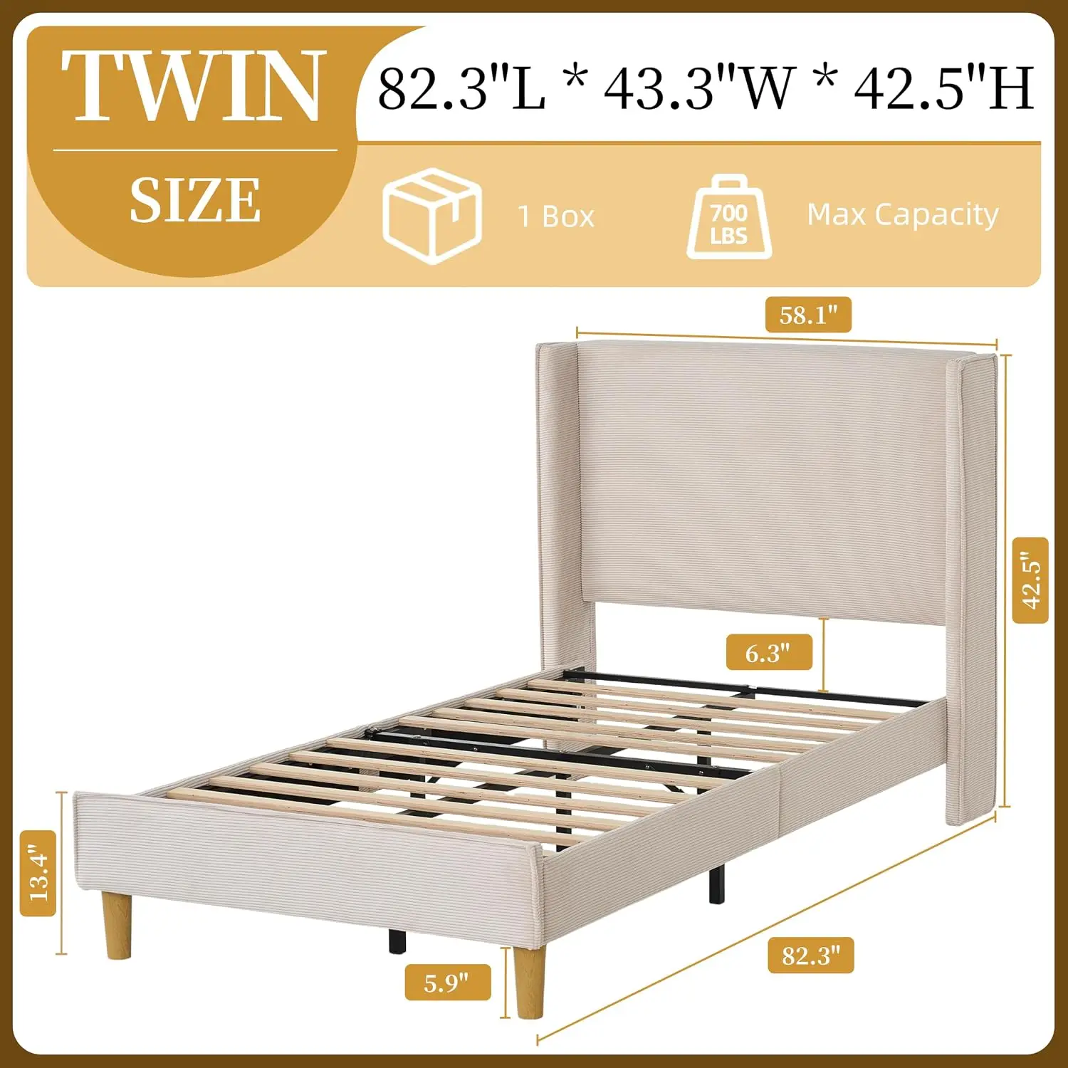 Twin Corduroy Upholstered Platform Bed with Headboard Wingback, Beige | Upholstered Mattress Foundation,, Customized
