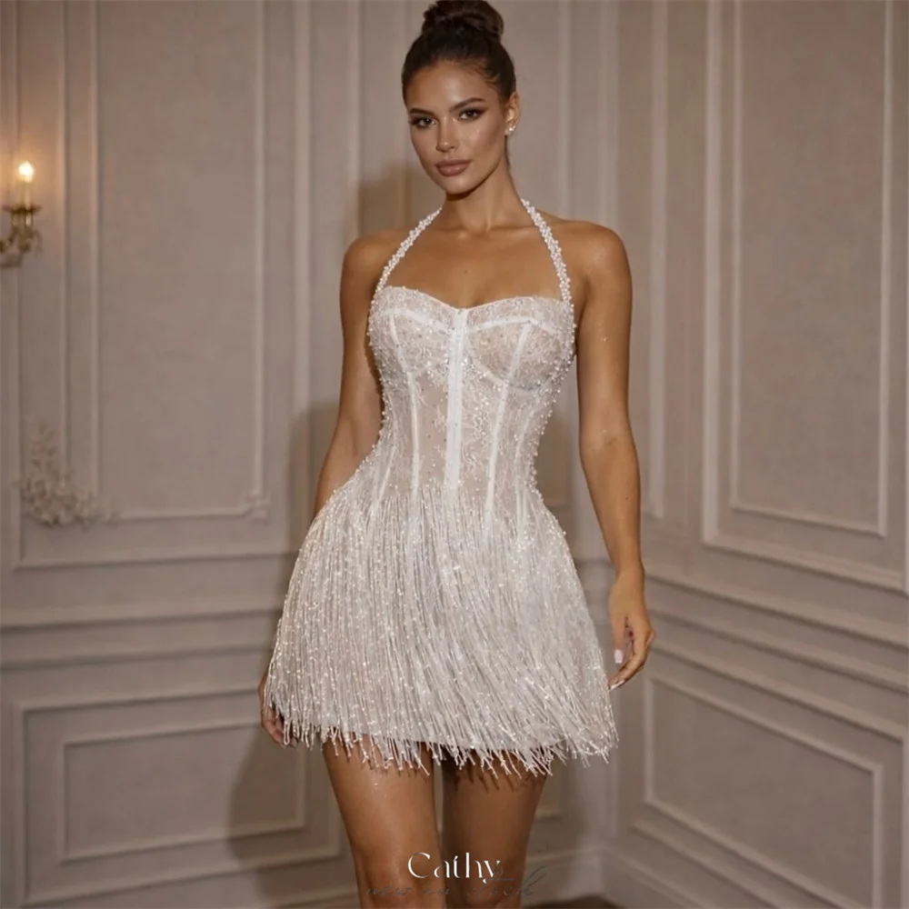 Cathy Customized White Halter Neck Tassel Prom Dress Exquisite Pearls Mini vestidos de noche Lace-up Back Formal Evening 2026