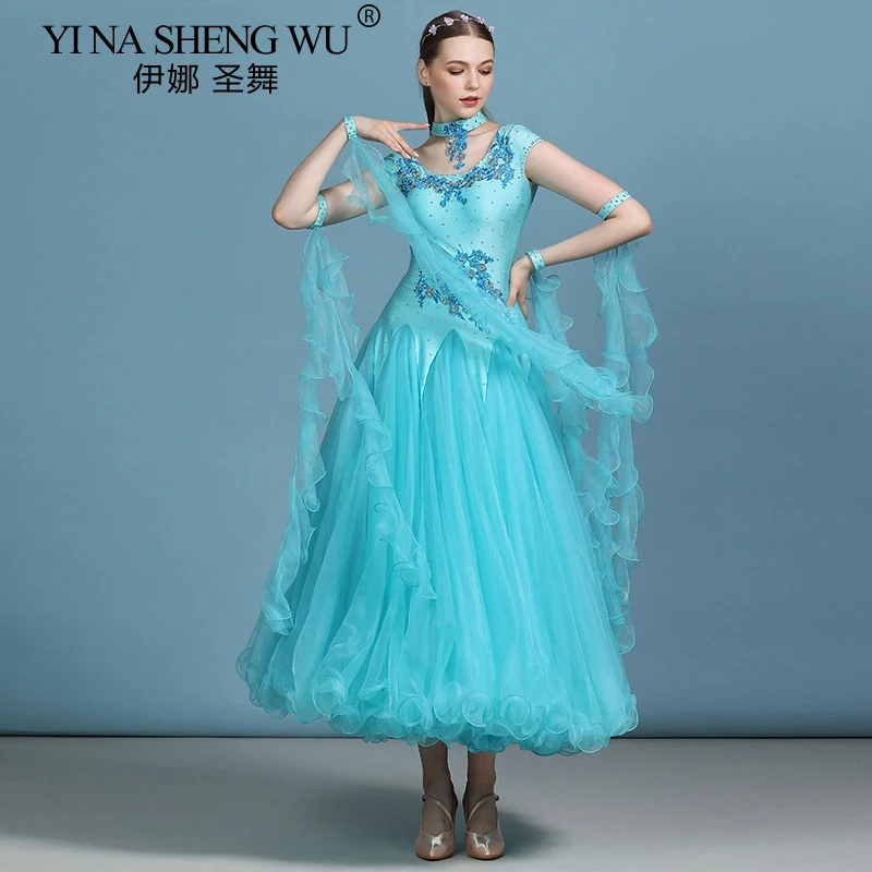 Women Waltz Competition Ballroom Dress Standard Mordern Dance Performance Stage Costume Evening Gowns Short Sleeves Rhinestones