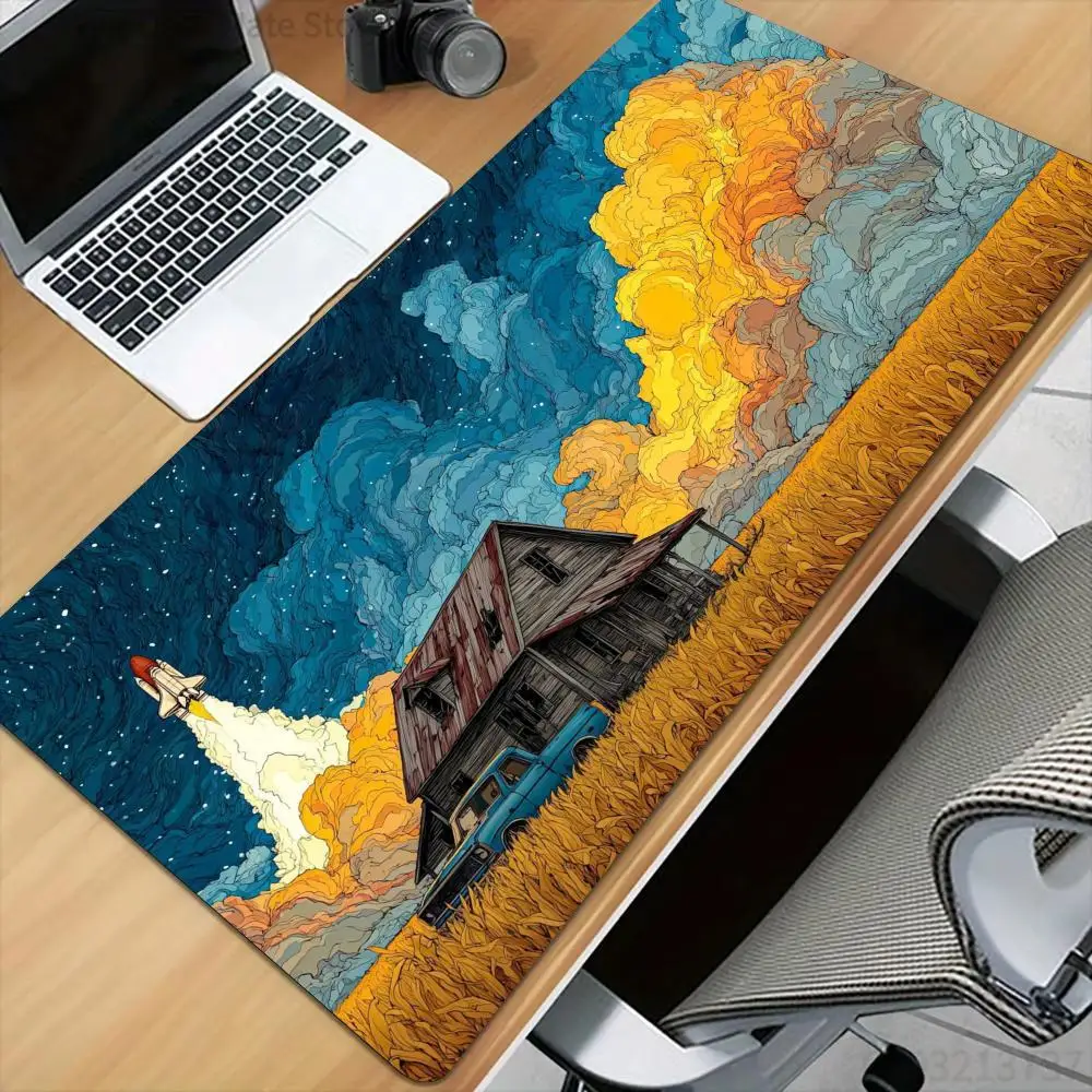 Tapis de souris esthétique artistique style maison de campagne, tapis de bureau avec bords cousus, antidérapant, durable, pour souris d'ordinateur, tapis de jeu
