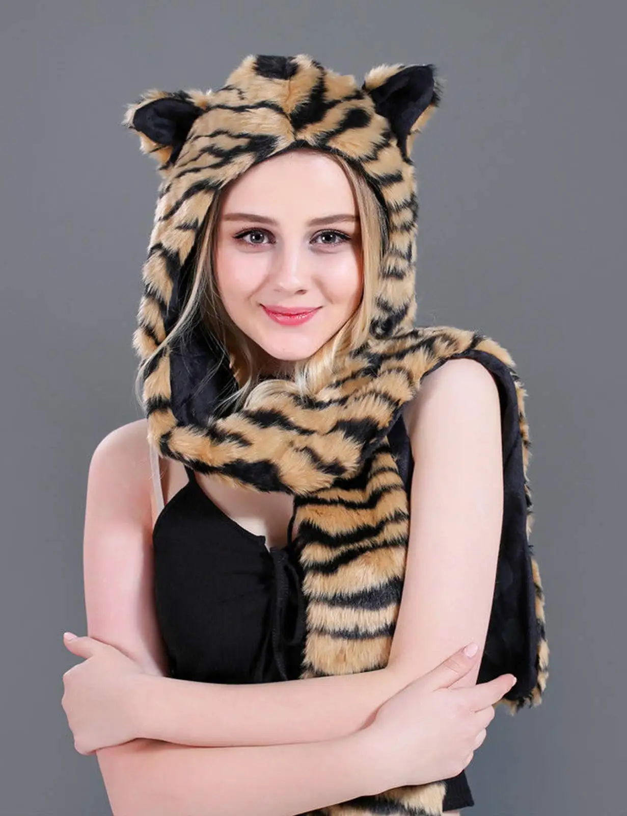 Tigre, outono e inverno nnovelty peles do falso capuzes chapéu animal cachecol luvas 3 in1 velo com capuz de pelúcia quente earmuff festa bonés