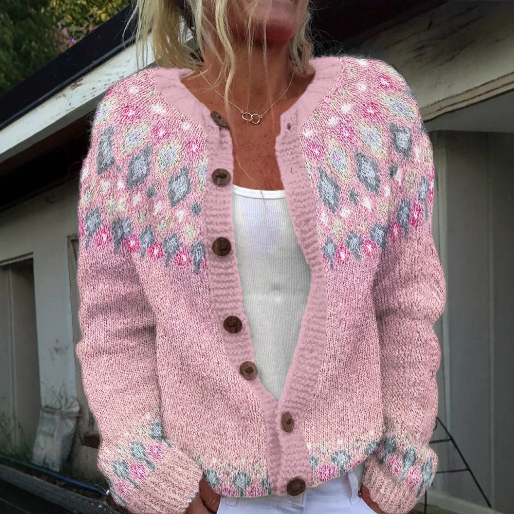 

2026 New Women's Loose Knitted Sweater Color Block Sweet Fashion Open Cardigan Soft Medium Polyester Long Sleeve Button Detail