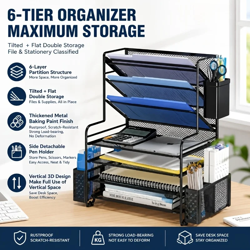 Desk Organizer Storage Container, Desk and Drawer Organizer, Simple and Trendy Design, 7-Tier Desktop File Rack with Pen Holder and Metal Hanging Basket, Paper Organizer Tray, Black, 7-Tier Desktop File Organizer with Adjustable Shelves, Metal Document Ho