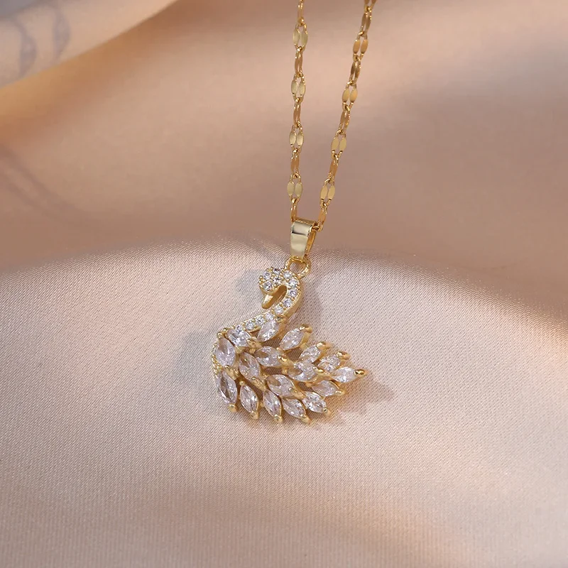 Classic Design Swan Zircon Pendant Necklaces For Women Girls Animal Pink Crystal Charms Stainless Steel Choker Jewelry