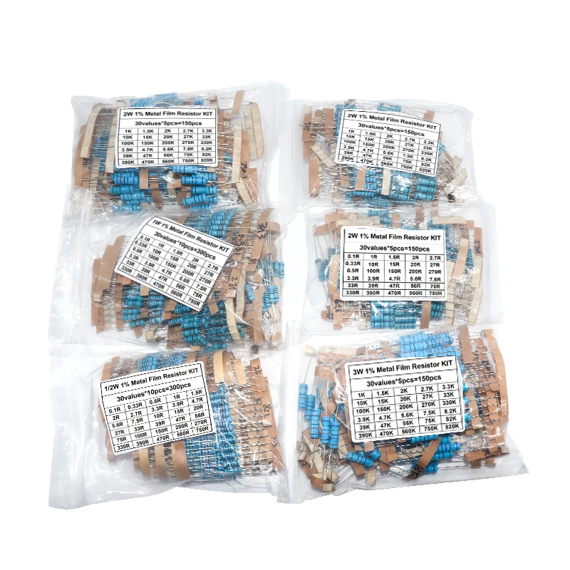 Kit d'assortiment de résistances à Film métallique, résistance 1%, 1/2W 1W 2W 3W, 30 valeurs 1R ~ 750R 1K ~ 820K Ohm
