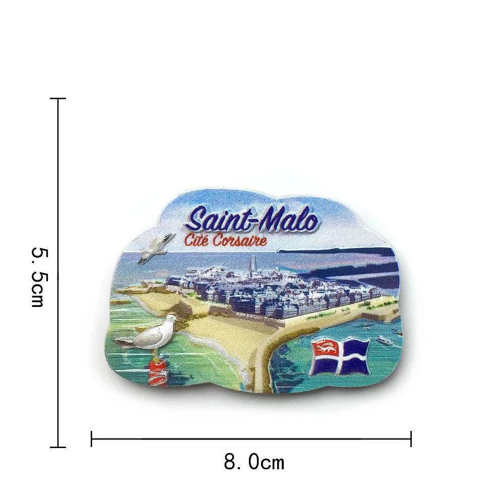 مغناطيس ثلاجة من الراتنج ثلاثي الأبعاد - سانت مالو، فرنسا (مدينة القراصنة) مع طيور النورس ثلاثية الأبعاد، المنارة، العلم، والمواطن #2