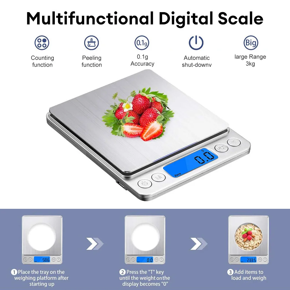 เครื่องชั่งดิจิตอลในครัว3000G/0.1g เครื่องชั่งเครื่องประดับขนาดเล็กเครื่องชั่งอาหารเครื่องชั่งน้ำหนักดิจิตอล Gram และ oz Digital Gram Scale พร้อม lcd/tare