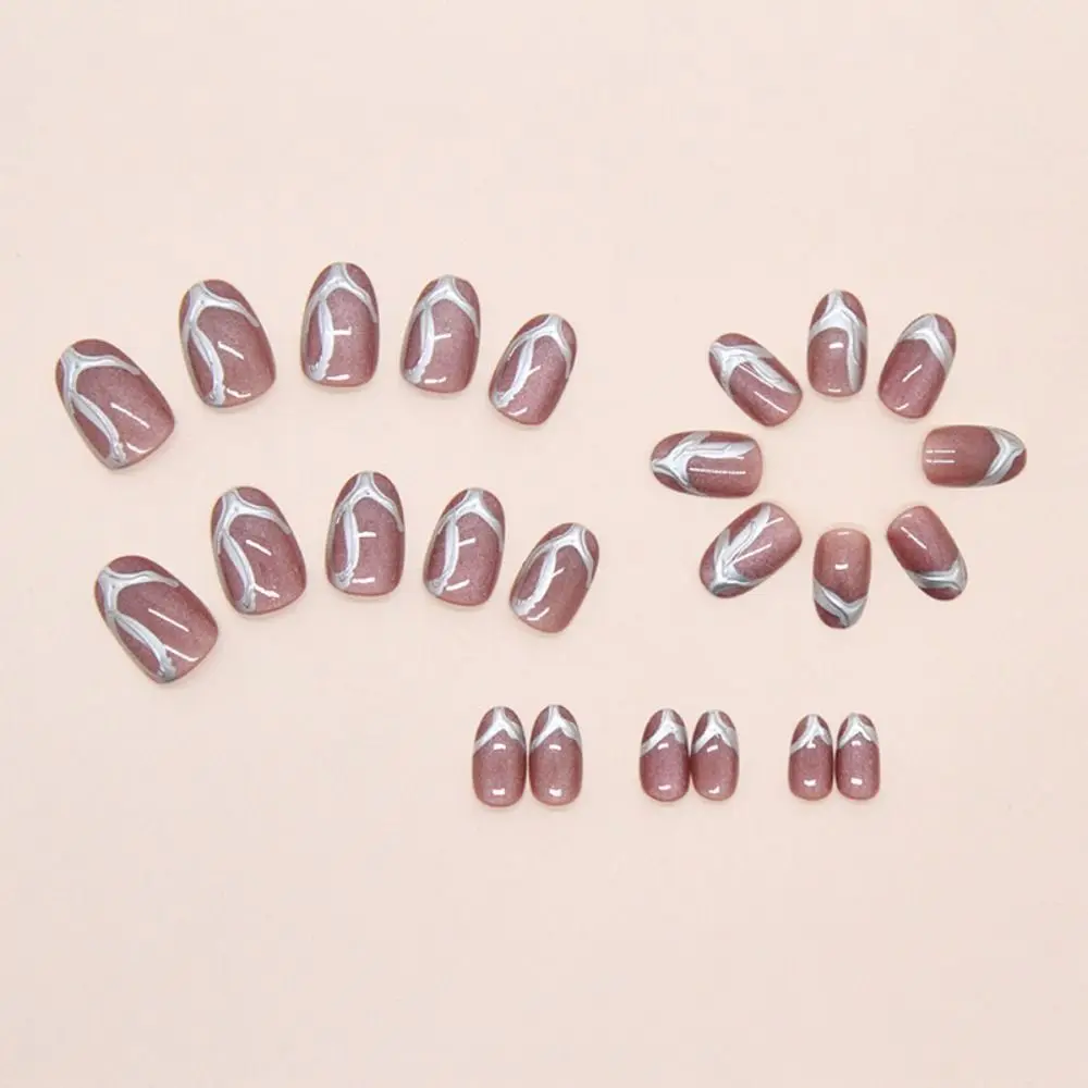 

24pcs Manicure Short Oval False Nails French Glitter Cat Eye Fake Nials Detachable Irregular Metallic Lines Nail Tips Women
