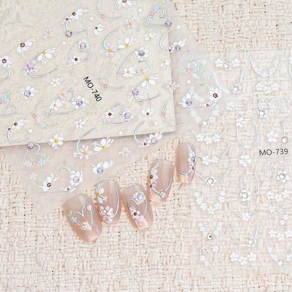 4 Stück Diamant-Blumen-Nagelaufkleber 3D Frühling Sommer Nageldekoration Gold Silber Linie Herzförmige Edelsteine Französische Nageldesigns Hochzeit – Detail 2
