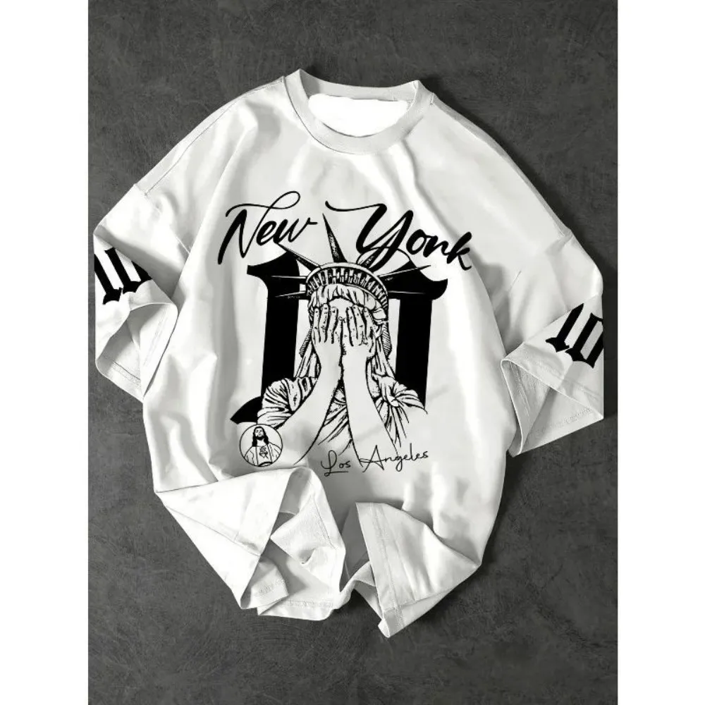 تي شيرت صيفي عصري للرجال للتدريب على تمثال الحرية مطبوع عليه حروف ناعمة وقابلة للتنفس برقبة دائرية تي شيرت رياضي حضري خارجي