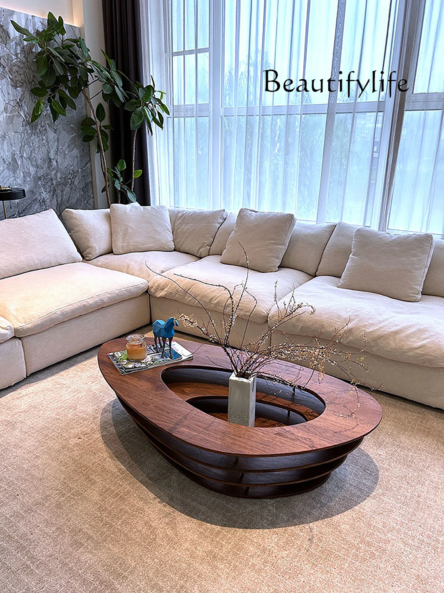 N44 Black walnut coffee table special-shaped round sailing boat all solid wood tea table freehand light luxury modern space high