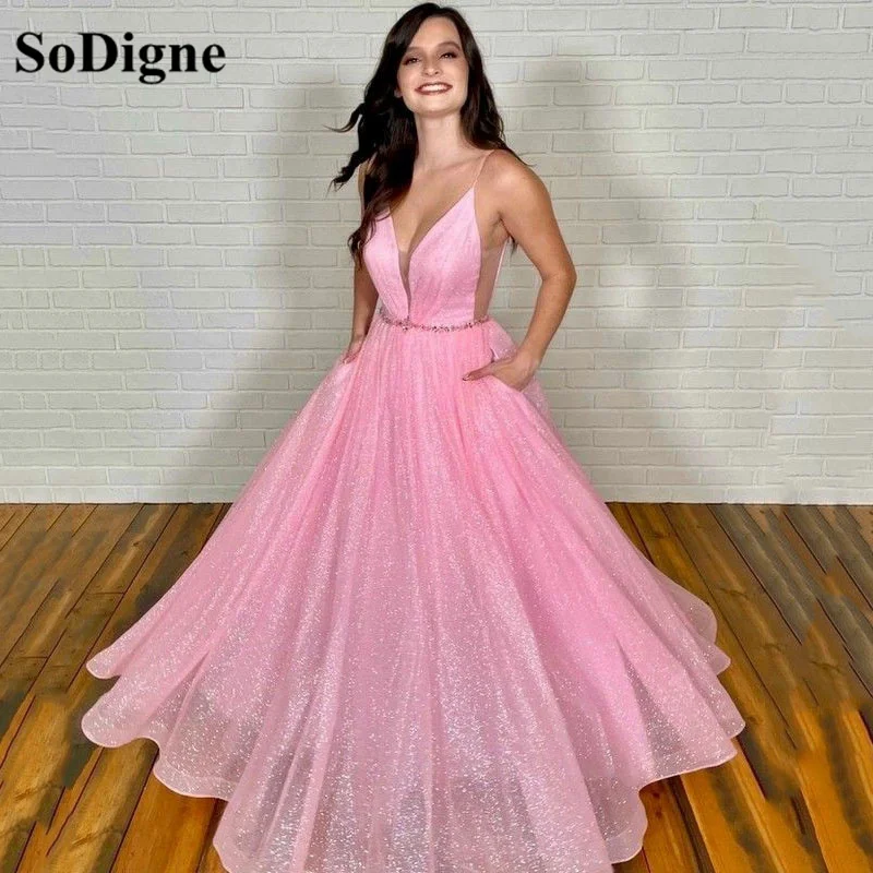 

SoDigne Pink Glitter Prom Party Gowns Pockets A Line Evening Dress Plus Size Formal Women Special Occasion Dresses 2022