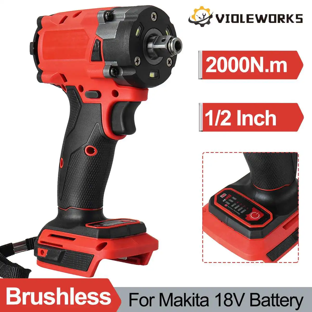 

2000N.m Variable Speed Brushless Electric Impact Wrench 1/2" Rechargeable LED Light Cordless Wrench For Makita 18V Battery