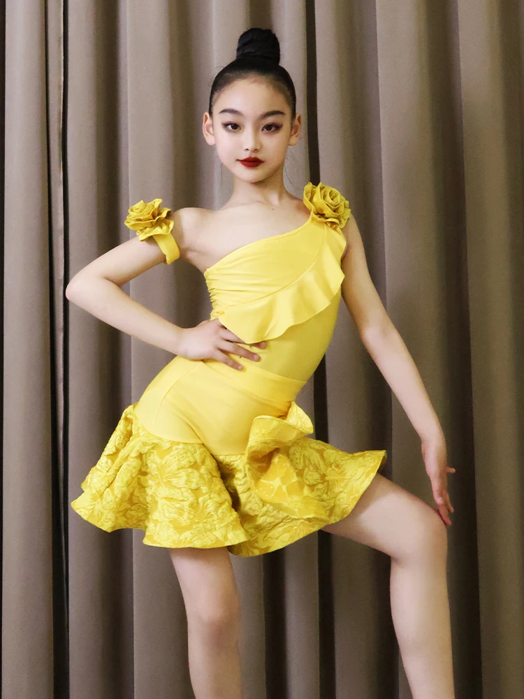 Girls' Summer New High-end Slanted Neck Three-dimensional Flower Fishbone Skirt Children' Latin Dance Training Performance Dress