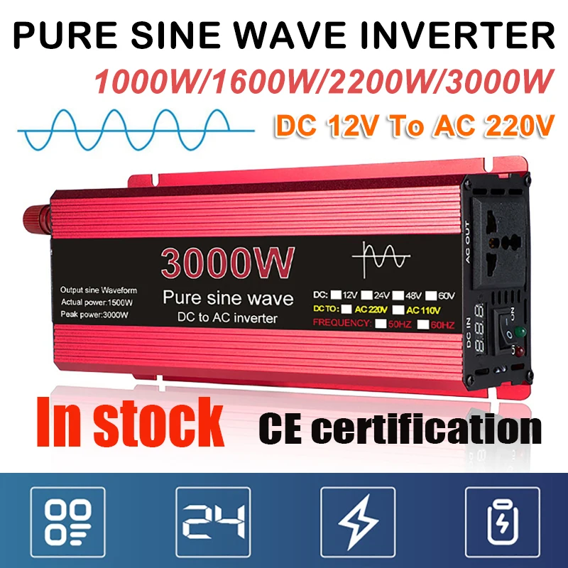 

Pure Sine Wave Inverter DC 12v/24v To AC 1000W 1600W 2000W 3000W Voltage Transformer Power Converter Solar Inverter LED Display